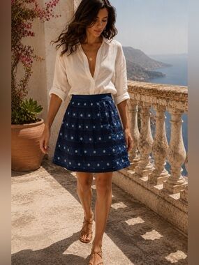 Jupe by Jackie Silk Embroidered Mini Skirt Navy Boho Luxe Festival US 4-6
